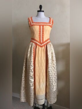 Peach and Gold Vintage Lace Gown with Orange Trim